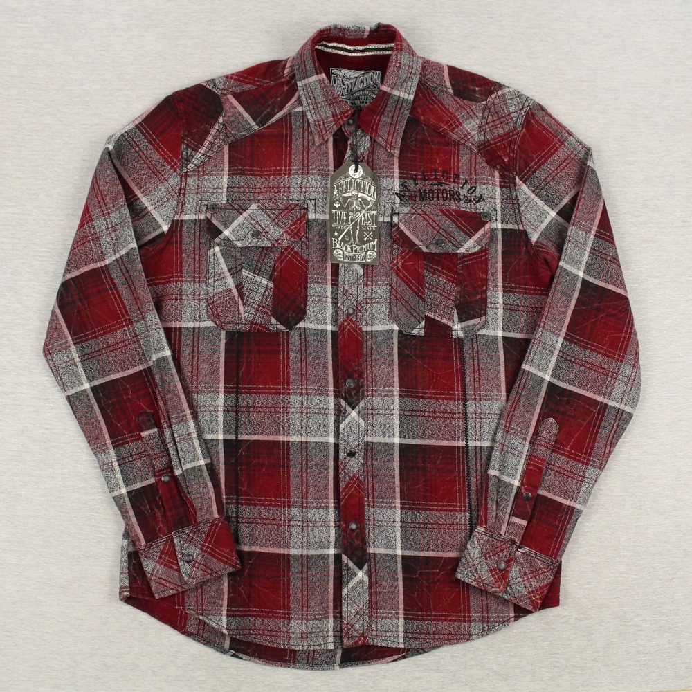 Affliction Flannel Shirt Mens M Red Woven Pearl Snap Black Premium Eagle One NEW - Picture 1 of 11